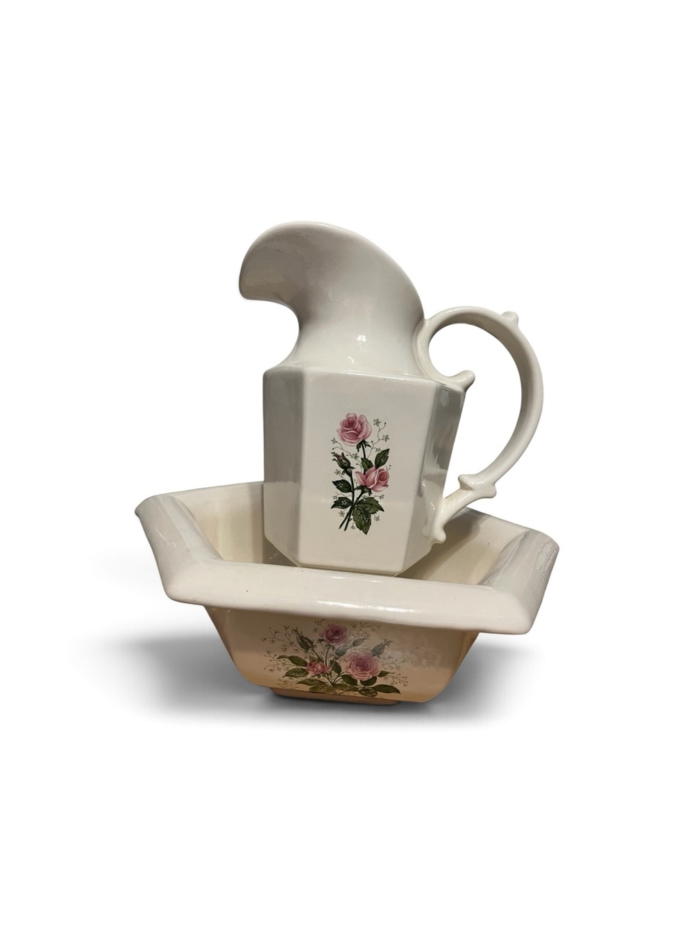 Haeger Roses Cream Ceramic Pitcher and Basin Set with Pink Rose Motif